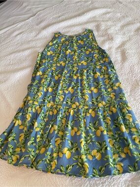 LOFT Women’s Lemon-Print Tiered Midi dress - Blue & Yellow